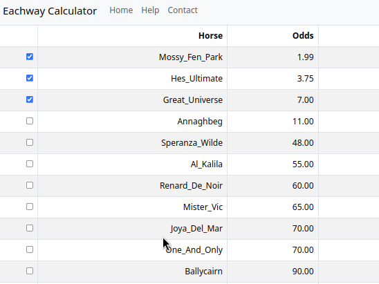 Selecting horses with checkboxes